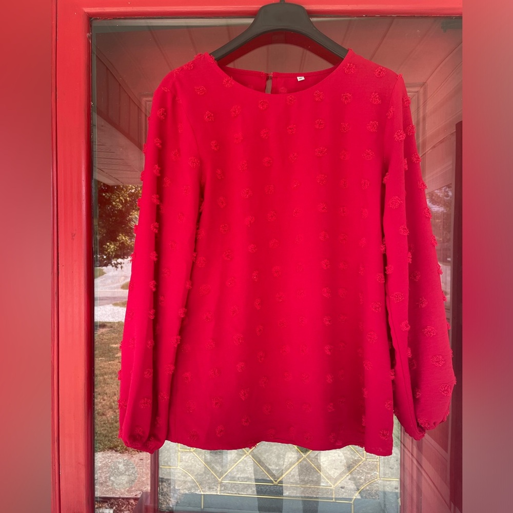 Red blouse with frayed polka dot embellishments size medium